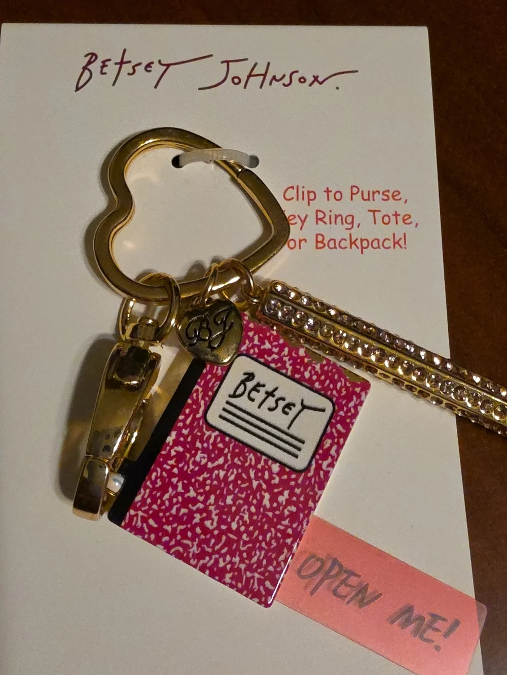 Betsey Johnson Pink Notebook & Gold Pen Handbag Charm Keychain
